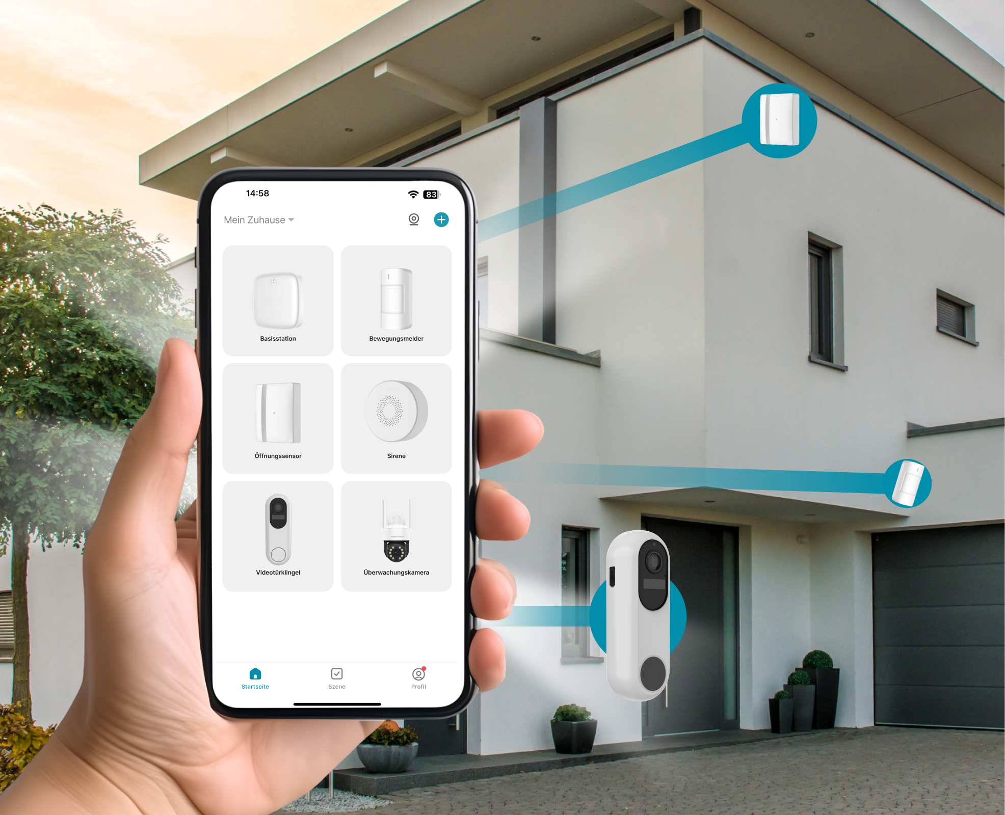 Person zeigt Smartphone mit verschiedenen Weber Protect Sicherheitsprodukten