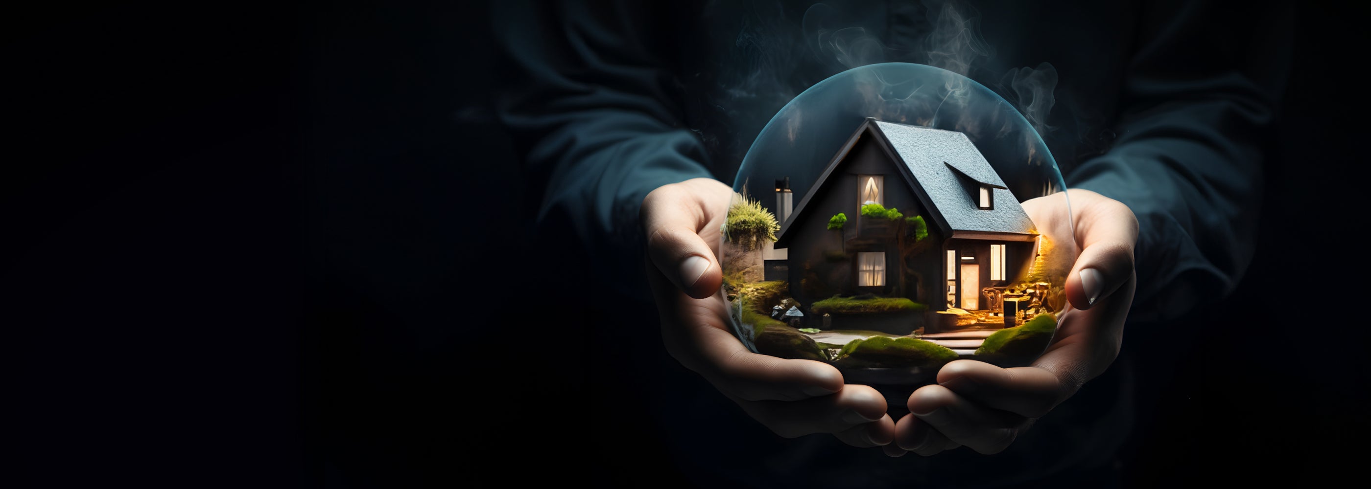 Zwei Hände halten eine Blase mit einem Wohnhaus im Inneren