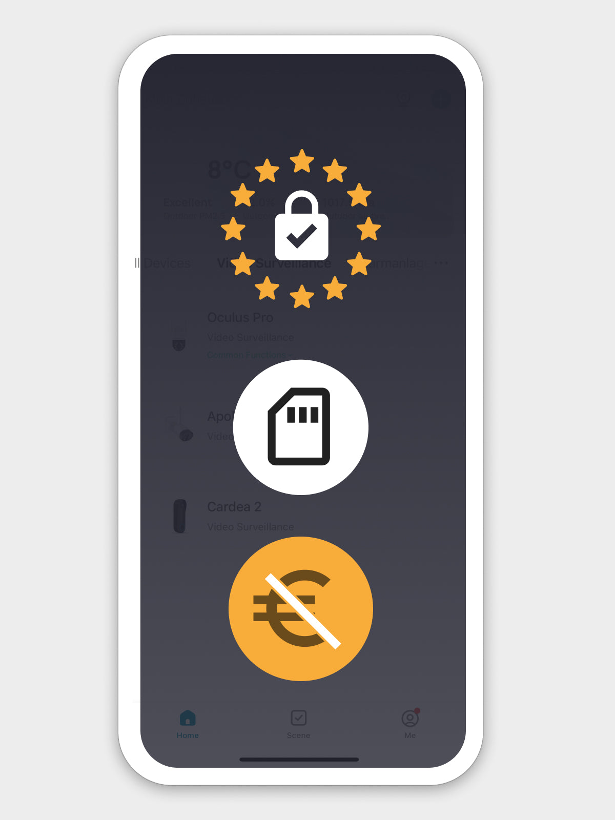 Smartphone zeigt Icons mit Sd-Karte, Datenschutz und durgestrichenen Euro-Zeichen
