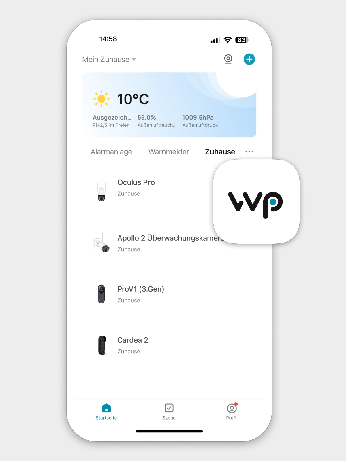 Smartphone zeigt App übersicht mit verschiednen Weber Protect Sicherheitsprodukten