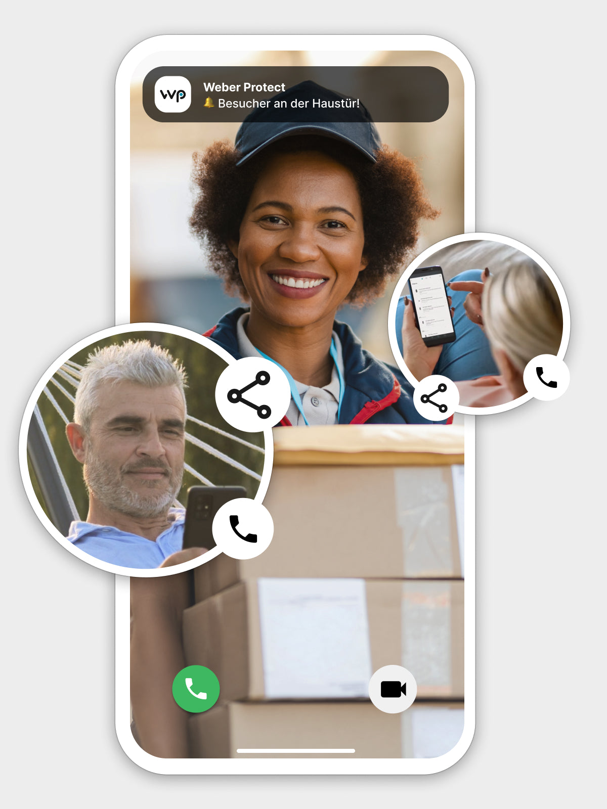 Smartphone mit Teilen-Buttons und Live Video Ansicht
