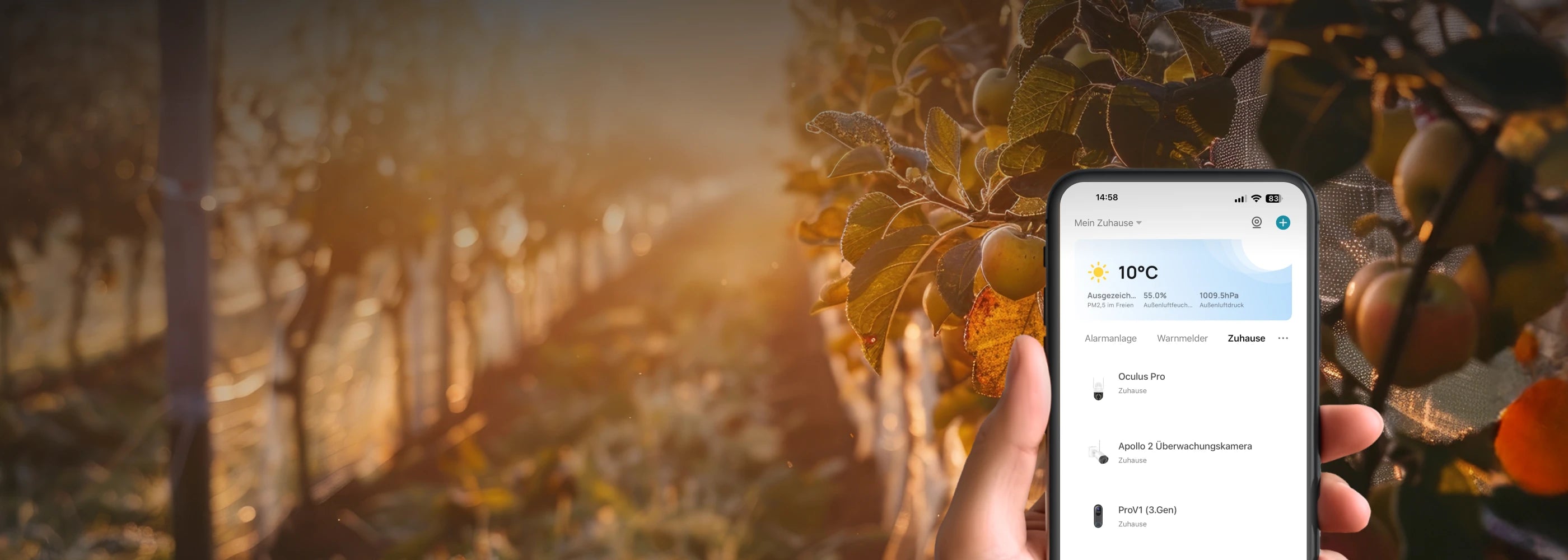 Obstfeld im Herbst, Hand hält Smartphone mit Sicherhietsprodukten